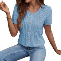 European And American Women's Clothing Casual Round Neck Pleated Single-breasted Short Sleeve - Image 6