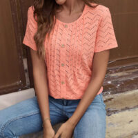 European And American Women's Clothing Casual Round Neck Pleated Single-breasted Short Sleeve - Image 7