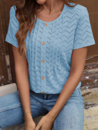 European And American Women's Clothing Casual Round Neck Pleated Single-breasted Short Sleeve - Image 3