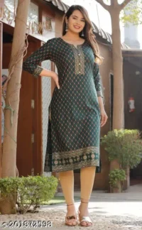  Straight Kurti  Fabric : Rayon  Sleeve Length : Three-Quarter Sleeves  Pattern : Printed  Combo of : Single - Image 12