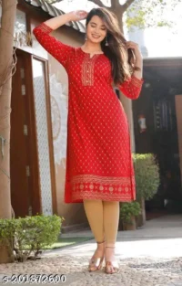 Straight Kurti  Fabric : Rayon  Sleeve Length : Three-Quarter Sleeves  Pattern : Printed  Combo of : Single - Image 6