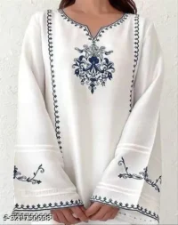 Name : big size white embroidery kurti  Fabric : Rayon  Sleeve Length : Long Sleeves  Pattern : Embroidered  Combo of : Single