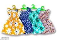 New Fancy Designer Yellow baby Girls Cotton Floral Printed Frocks / Midi / Jabhla Dresses set for infant to kids (Combo Pack of 4)