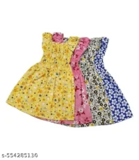 New Cool Designer Yellow baby Girls Cotton Floral Printed Frocks / Midi / Jabhla Dresses set for infant to kids (Combo Pack of 4)
