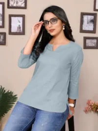 Baby Pink Cotton Round V-Neck Neck Hip Length 3/4 Sleeve Tunic For Women ( white, - Image 4