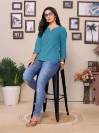 Baby Pink Cotton Round V-Neck Neck Hip Length 3/4 Sleeve Tunic For Women - Image 2