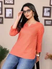 Baby Pink Cotton Round V-Neck Neck Hip Length 3/4 Sleeve Tunic For Women ( white,