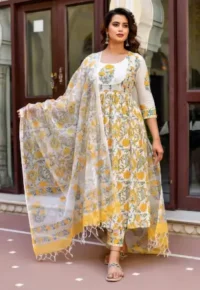 Women White Printed Pure Cotton Kurta, Pant And Dupatta Set ( white, S ) ALVAMIEMPIRE2 - Image 2