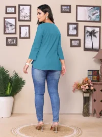 Baby Pink Cotton Round V-Neck Neck Hip Length 3/4 Sleeve Tunic For Women - Image 4