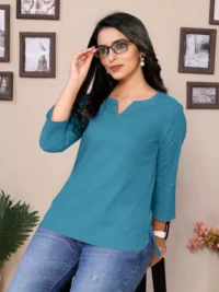 Baby Pink Cotton Round V-Neck Neck Hip Length 3/4 Sleeve Tunic For Women - Image 6