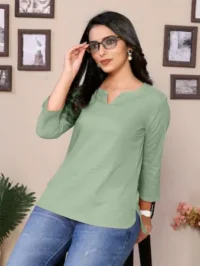 Baby Pink Cotton Round V-Neck Neck Hip Length 3/4 Sleeve Tunic For Women - Image 9