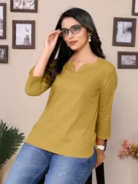 Baby Pink Cotton Round V-Neck Neck Hip Length 3/4 Sleeve Tunic For Women ( white, - Image 3