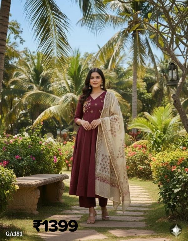 Beatiful Cotton Embroidered Anarkali Kurta Pant Set