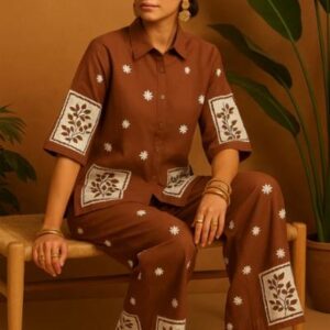 FA431_26581097_d_1775650836572 Brown Cotton Co-ord Set with White Floral Block Print