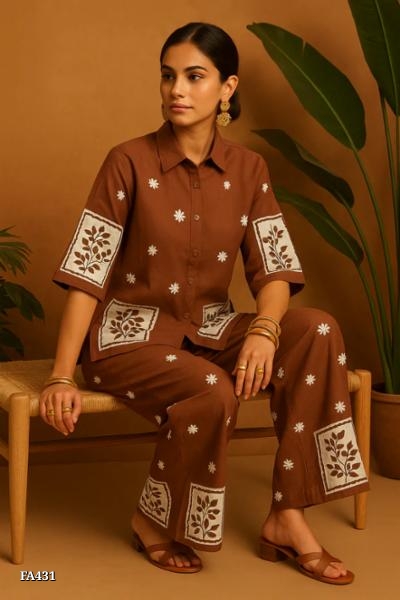 Brown Cotton Co-ord Set with White Floral Block Print
