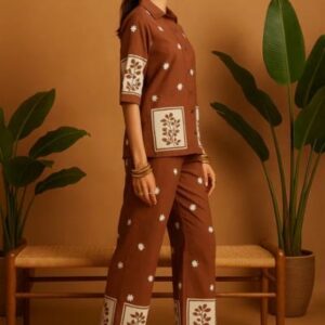 Brown Cotton Co-ord Set with White Floral Block Print