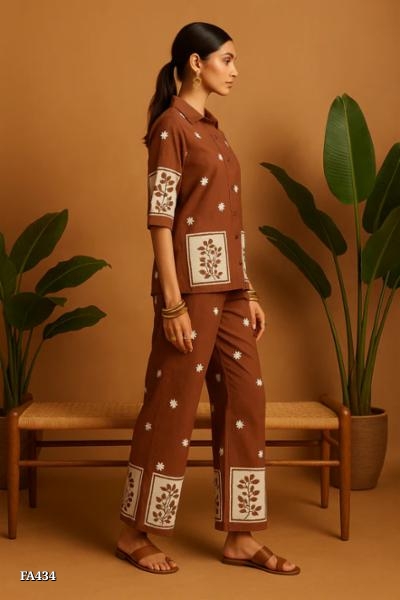 Brown Cotton Co-ord Set with White Floral Block Print