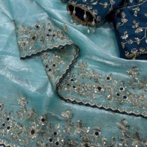Heavy Fandy Satin Saree with Stitched Blouse | 3mm Sequence Pallu & Cut Work Border