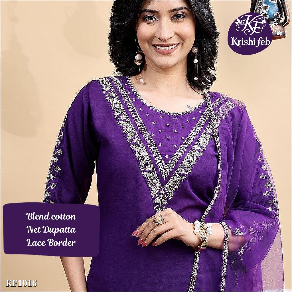 Blend Cotton Embroidery Kurta Pant with Net Dupatta,