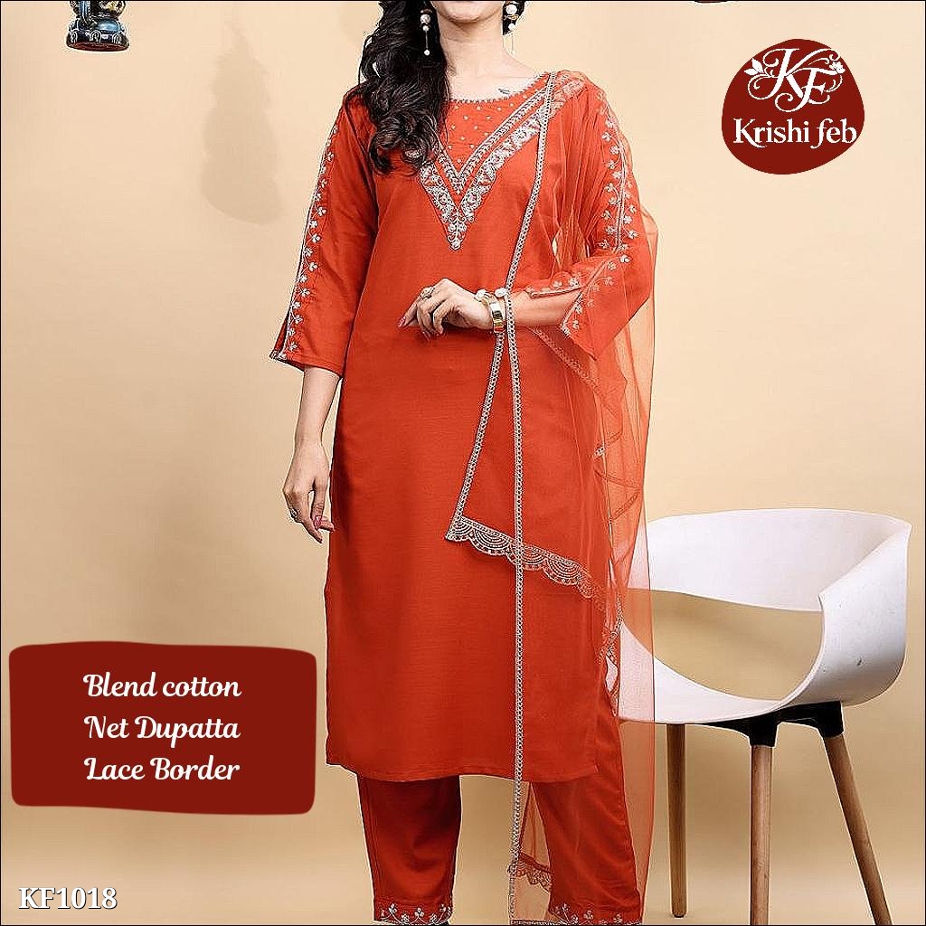 Blend Cotton Embroidery Kurta Pant with Net Dupatta,