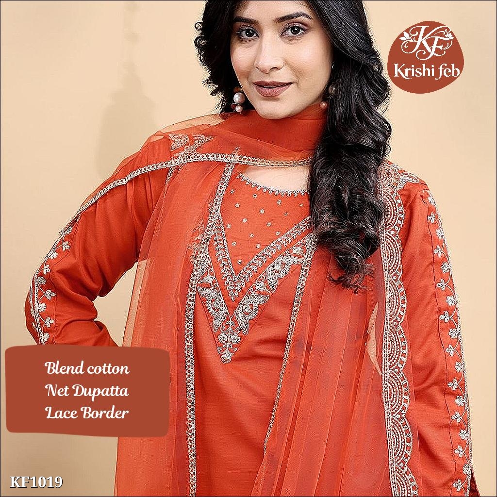 Blend Cotton Embroidery Kurta Pant with Net Dupatta,