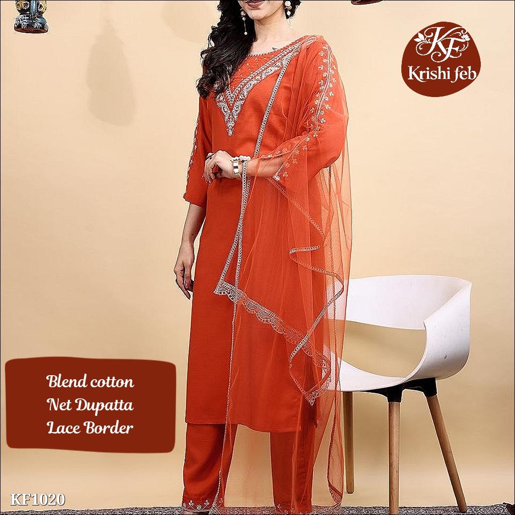 Blend Cotton Embroidery Kurta Pant with Net Dupatta,