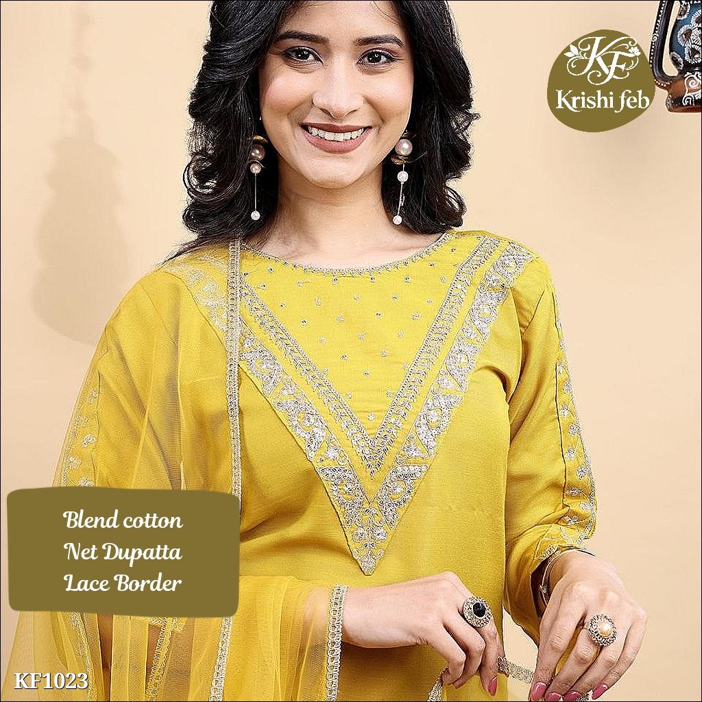 Blend Cotton Embroidery Kurta Pant with Net Dupatta,