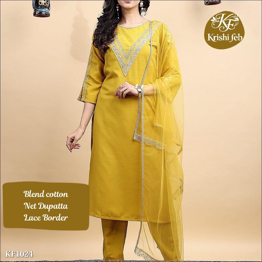 Blend Cotton Embroidery Kurta Pant with Net Dupatta,