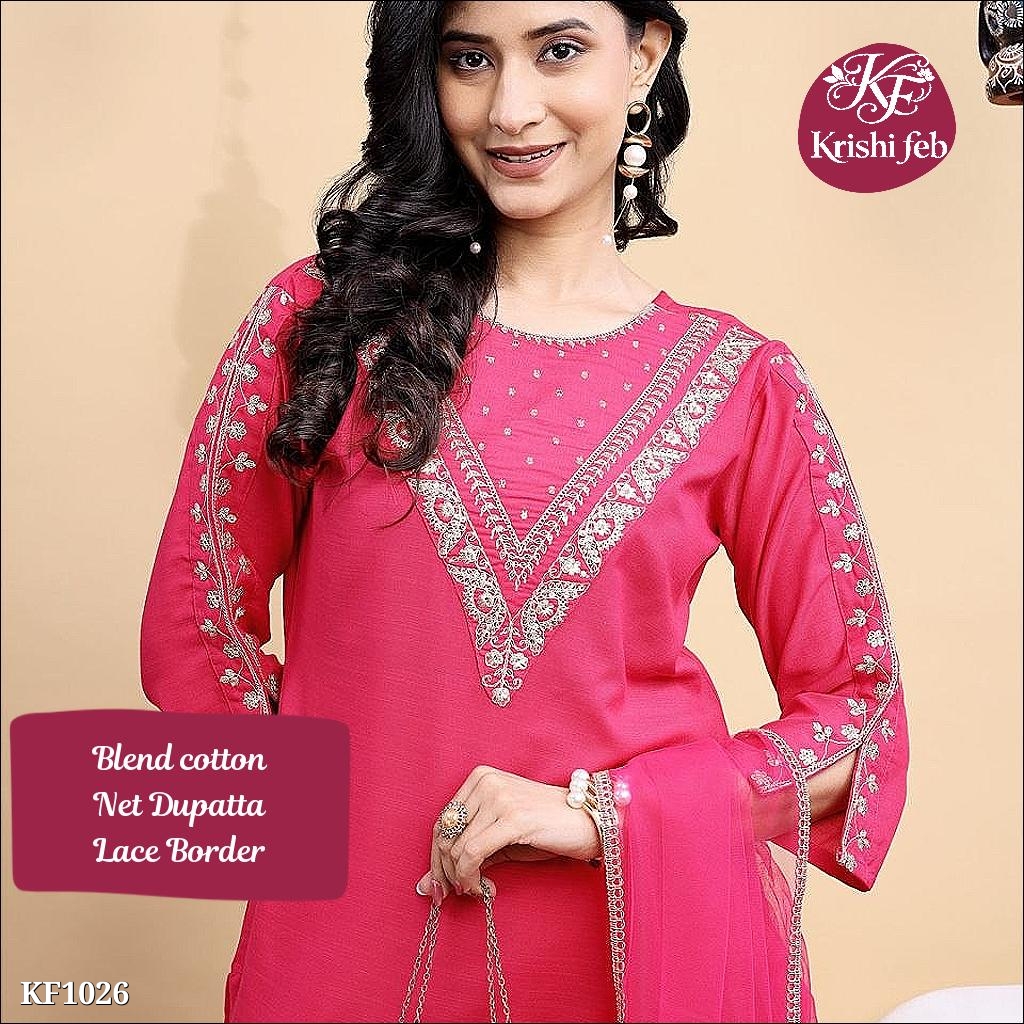 Blend Cotton Embroidery Kurta Pant with Net Dupatta,