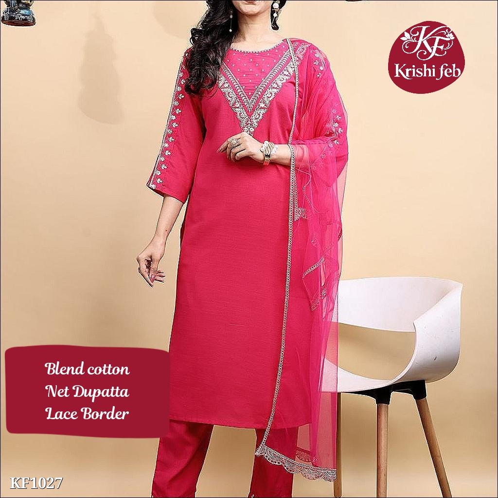 Blend Cotton Embroidery Kurta Pant with Net Dupatta,