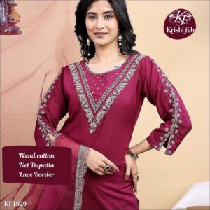 Blend Cotton Embroidery Kurta Pant with Net Dupatta,