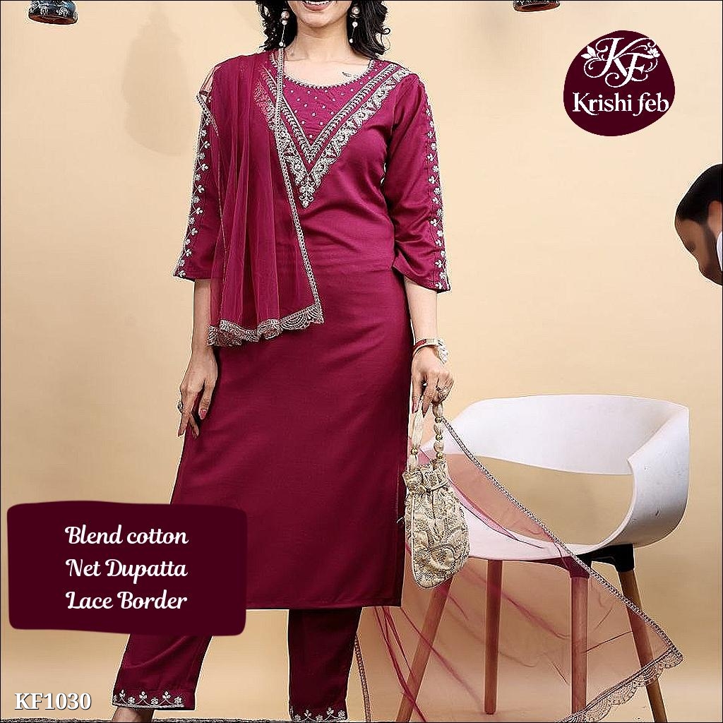 Blend Cotton Embroidery Kurta Pant with Net Dupatta,