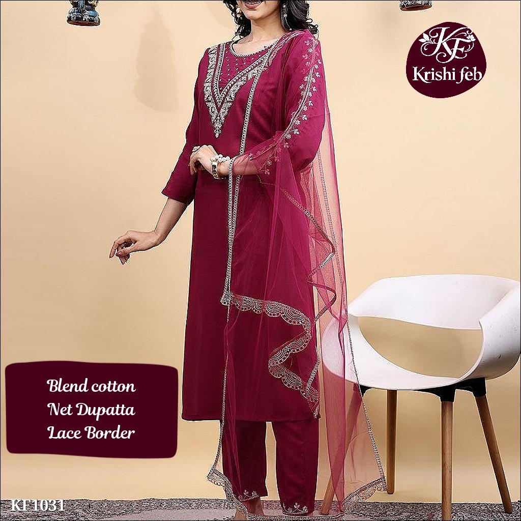 Blend Cotton Embroidery Kurta Pant with Net Dupatta,