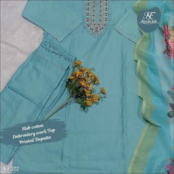 slub cotton embroidered kurti set with printed dupatta