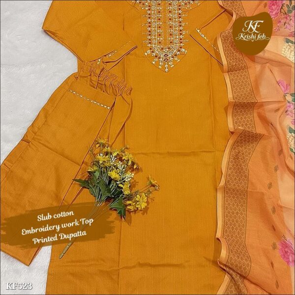 slub cotton embroidered kurti set with printed dupatta