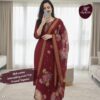 slub cotton embroidered kuri set with printed dupatta