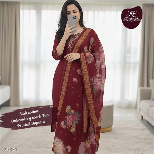 slub cotton embroidered kuri set with printed dupatta