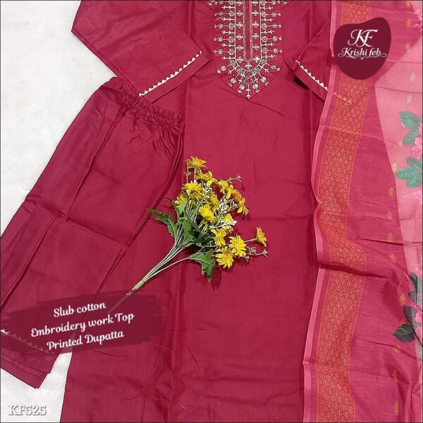 slub cotton embroidered kurti set with printed dupatta