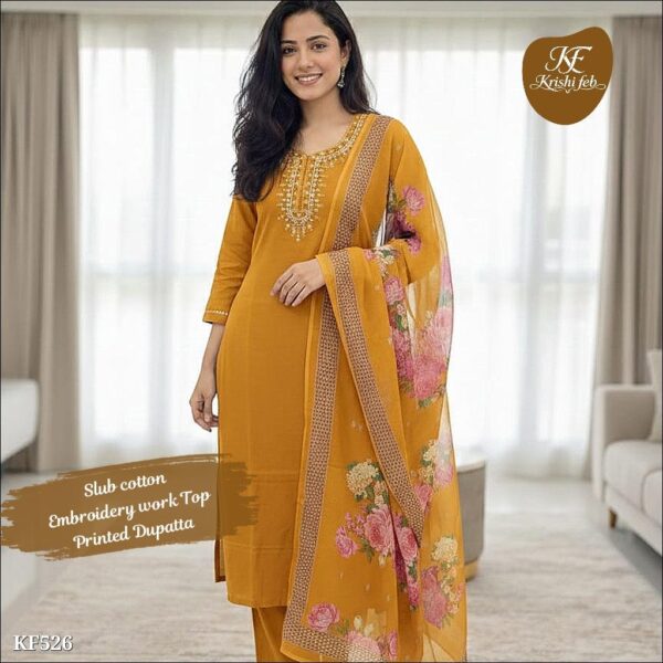 slub cotton embroidered kurti set with printed dupatta