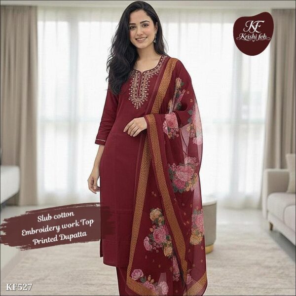 slub cotton embroidered kurti set with printed dupatta