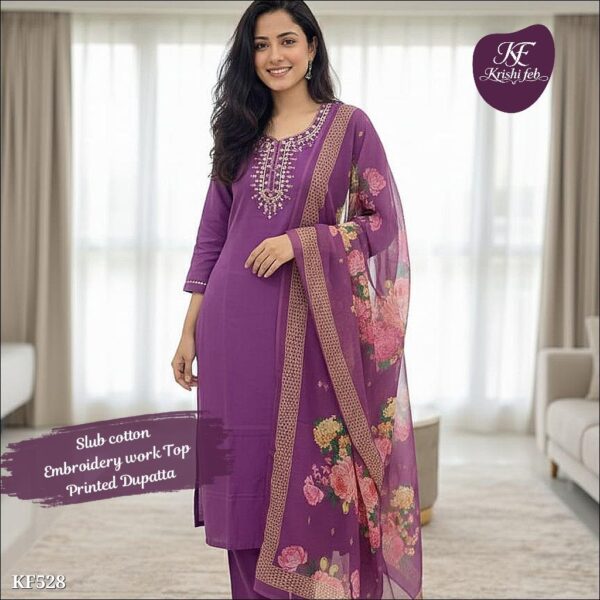 slub cotton embroidered kurti set with printed dupatta