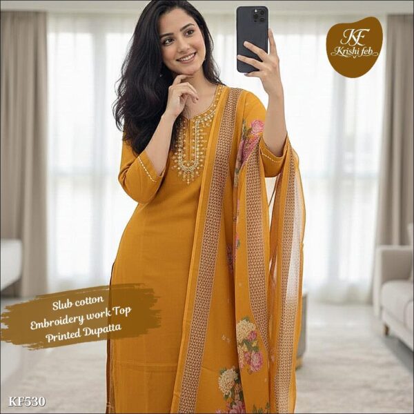 slub cotton embroidered kuri set with printed dupatta