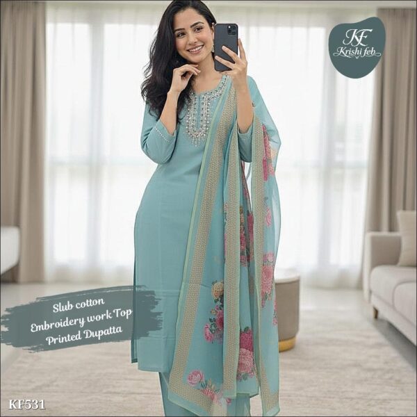 slub cotton embroidered kurti set with printed dupatta