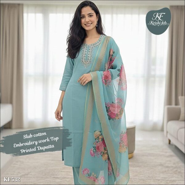 slub cotton embroidered kurti set with printed dupatta