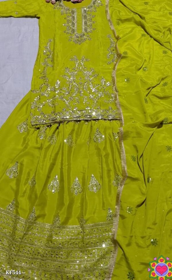 KF544_26575102_d_1775270261129 Chinnon Silk Heavy Embroidery Sequence Work Top with Lehenga and Dupatta Set