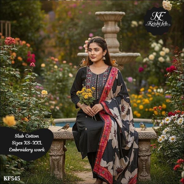 Slub Cotton Embroidered Kurta Set With Printed Dupatta