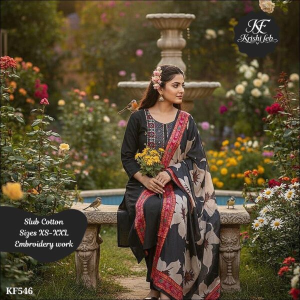 Slub Cotton Embroidered Kurta Set With Printed Dupatta