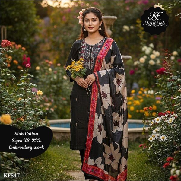 Slub Cotton Embroidered KurtiSet with Printed Dopatta