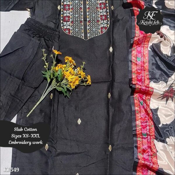 Slub Cotton Embroidered Kurta Set With Printed Dupatta