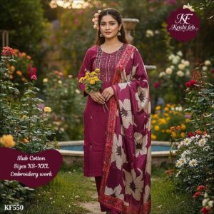 KF550_26575108_d_1775270378577 Slub Cotton Embroidered Kurta Set with Printed Dupatta.